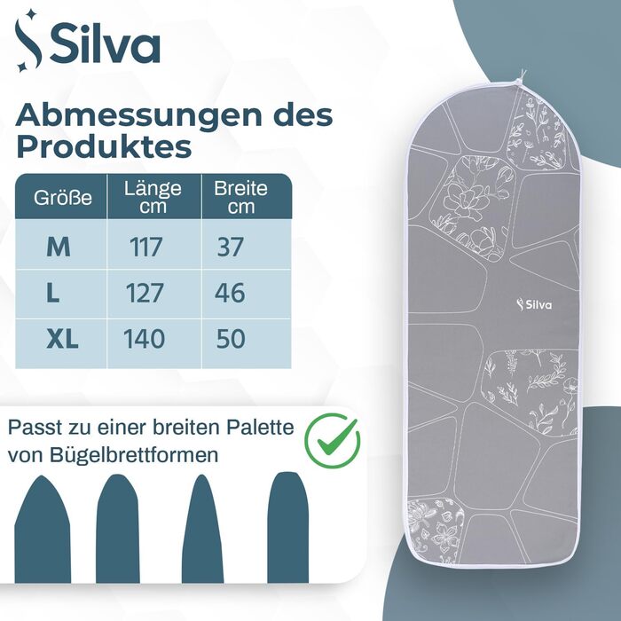 Чохол для прасувальної дошки Silva 140x50 см, 100% бавовна з філцьовим наповнювачем 5 мм, терморефлексія, антиковзаюча поверхня, легкий у догляді. Підходить для парових прасувальних дощок, станцій та універсального розміру (XL, сірий)