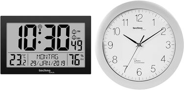 Technoline WS 8016 Modern Digital Radio Wall Clock with Temperature Display, Plastic, White, 225 x 143 x 24 mm WS8016WEISS (Black, Bundle with Radio Wall Clock, Silver-Black)