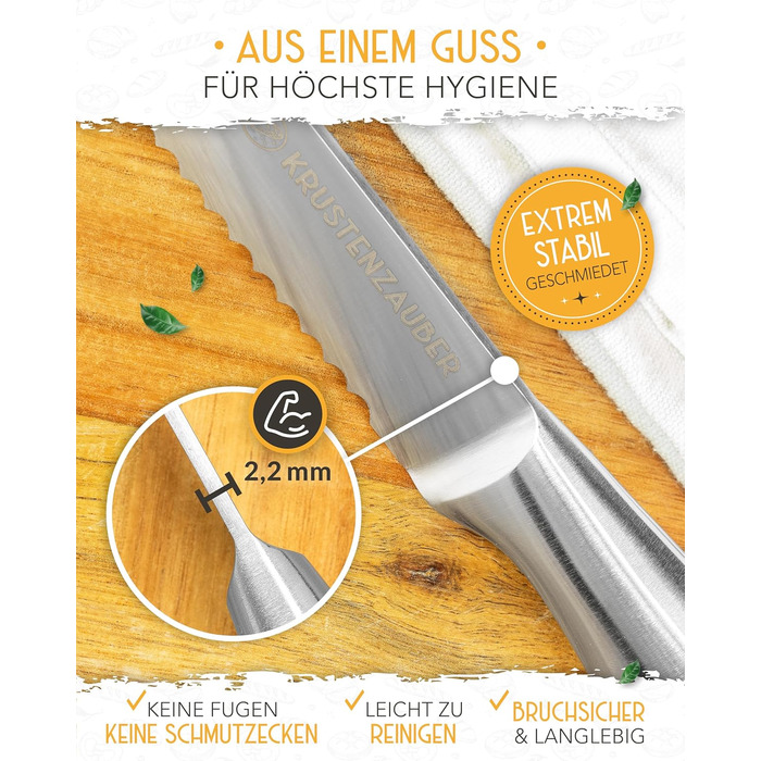 Ніж для хліба KRUSTENZAUBER з хвилястим лезом, 20 см, нержавіюча сталь. Великий ніж для нарізання хліба та булочок, для точного та легкого нарізання.