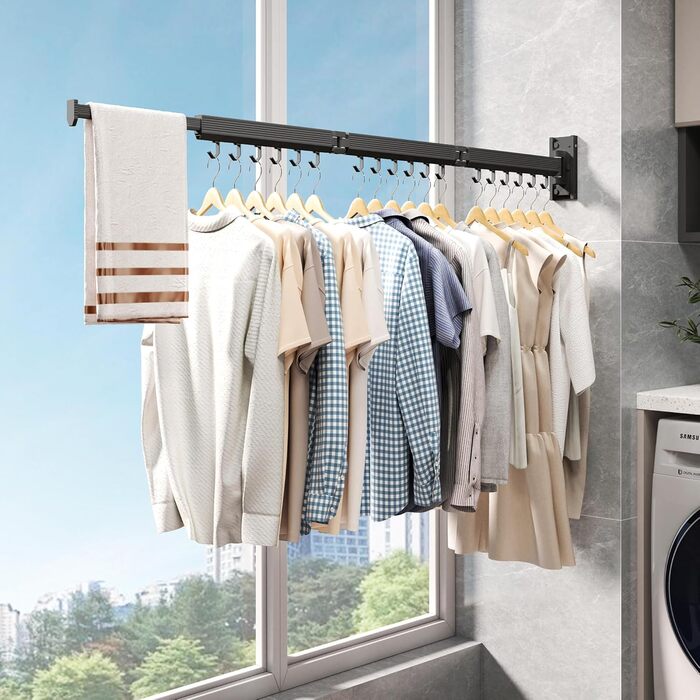 Настінна сушилка для білизни розкладна та складна, з алюмінію, 100 кг, з білими гачками (Black-hooks)