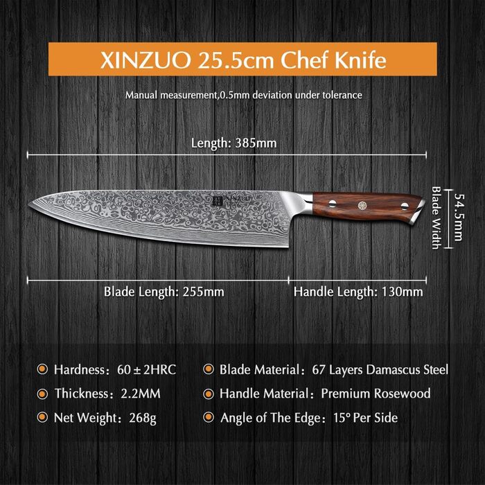 XINZUO 21cm Damascus Chef's Knife - 67 Layer Multipurpose Kitchen Knife for Meat, Fish & Vegetables - Gyuto Professional Hand-Forged Knife with Ergonomic Rosewood Handle
