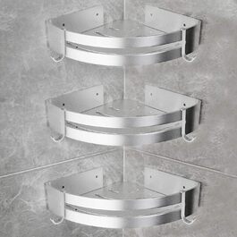 Yorbay Shower Shelf No Drilling with Mounting Material, Corner Shower Shelf No Drilling, Triangle Bathroom Shelf Made of Aluminum with Hooks, Bathroom Shelf 3-Piece Set