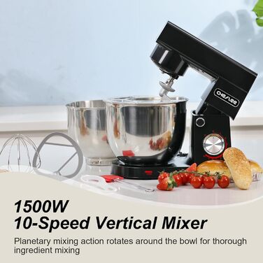 Кухонна машина Cheflee 1500W з чашами 4.5L та 5.5L з нержавіючої сталі, 10+ швидкостей, міксер з гаками для тіста та вінчиком, сплеск-захист (Чорний)