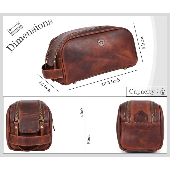 Шкіряна косметичка для чоловіків Aaron Leather — дорожній набір для догляду, темно-коричнева (горіх), з подвійною блискавкою