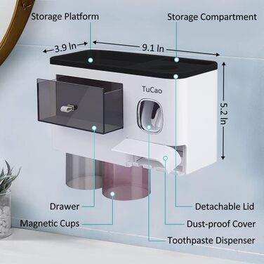 Automatic Toothpaste Dispenser Wall-Mounted with Space-Saving Toothbrush Holder for Bathroom, 2 Transparent Magnetic Cups, 6 Toothbrush Slots, 1 Cosmetic Organizer Drawer (2 Cups)