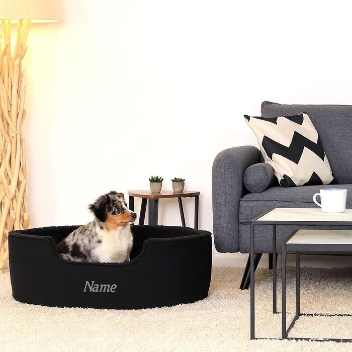 Lionto Dog Bed with Reversible Cushion and Washable Cover, Stable Dog Basket with Anti-Slip Dots, 92x72 cm, Cozy Pet Bed for Dogs and Cats with Plush, (Black, L 83 x W 63 x H 27 cm (with name tag))