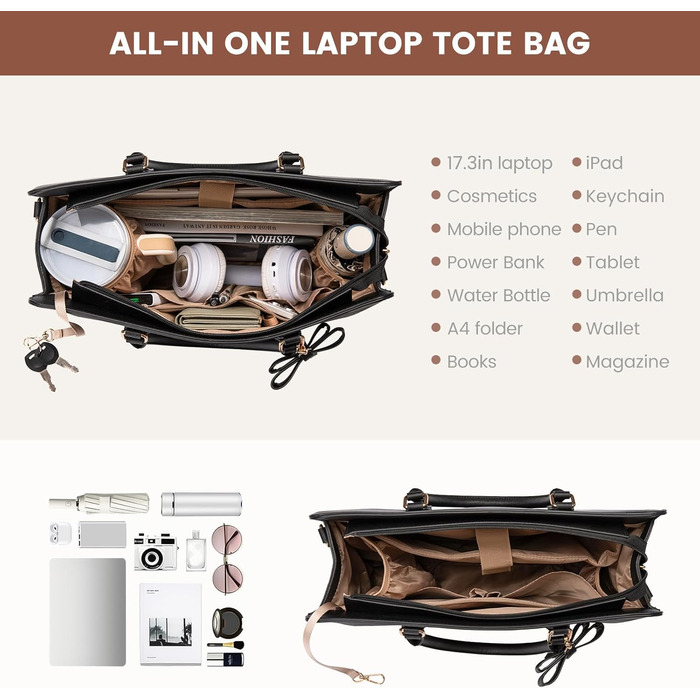 LOVEVOOK Сумка для ноутбука 15.6/17.3 дюйма, жіноча, шкіряна, для роботи/навчання, універсальна, сумка-тоут, шкіряна, чорна