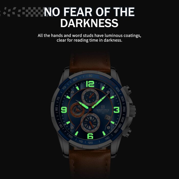 Годинники Naviforce Sport для чоловіків, аналогові, кварцові, з хронографом, на шкіряному ремінці, срібно-блакитно-помаранчеві