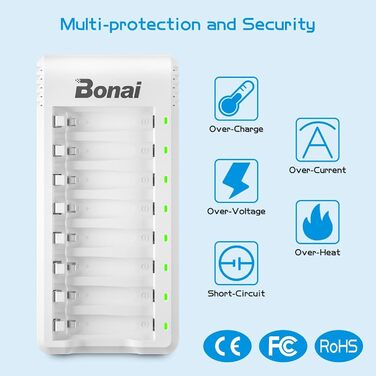 Зарядний пристрій BONAI для акумуляторів AA AAA NI-MH з LED-дисплеєм, USB, швидка зарядка, 8 слотів