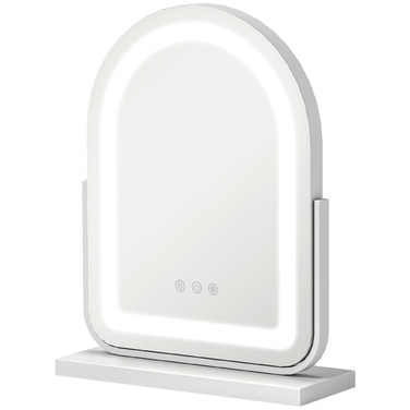 Дзеркало для макіяжу HOMCOM, 33 x 44,5 см, з LED-підсвіткою, 3 кольори світла, 360° обертання, дзеркало для макіяжу з сенсорним керуванням, металевий каркас, біле | Aosom