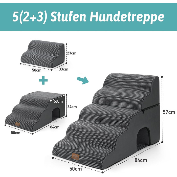 Dog stairs for small dogs, pet stairs for loft beds made of high-density foam, dog stairs/ramp with washable cover (83x50x57cm - Hole, 5.0) (Black and Gray)