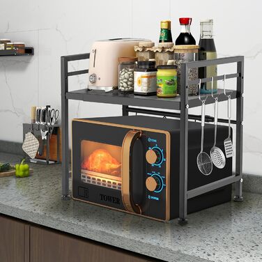 Розширювана підставка для мікрохвильової печі 2-ярусна, органайзер з вуглецевої сталі, кухонна полиця з 10 гачками для тостера та аірфрая (білий)