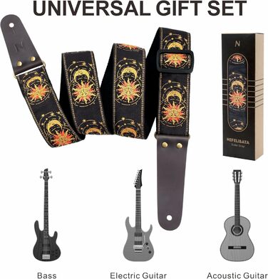 Гітарний ремінь Nefelibata Vintage з вишивкою, з шкіряними кінцями для бас-, електро- та акустичної гітари, з безкоштовною застібкою, 2 застібками та 4 медіаторами (Сонце та Місяць)