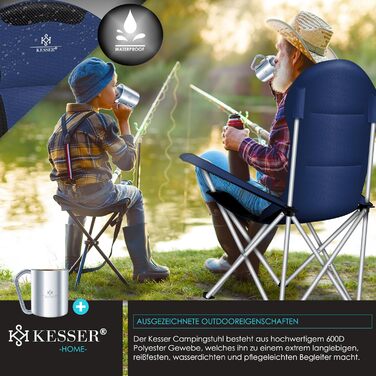 Крісло кемпінгове складне KESSER® до 150 кг, з підлокітниками та підсклянником, висока спинка, сіре (Navyblau / Чорний)