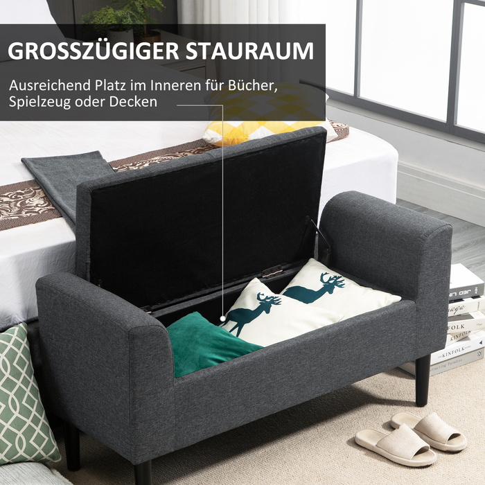 HOMCOM Storage Bench with Cushion, Ottoman, Storage Stool, Chest Seat, Load Capacity up to 130 kg, Linen-Touch Dark Grey, 116 x 44 x 58 cm for Entryway & Living Room