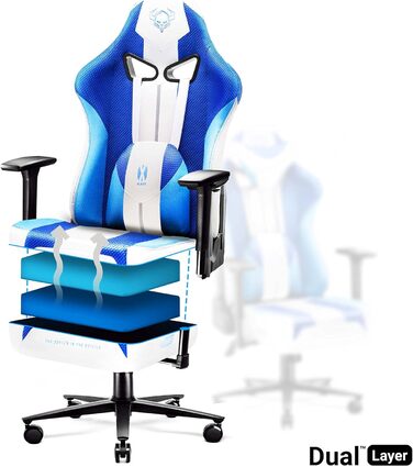 Ігрове крісло Diablo X-Player 2.0 Frost White, тканинне, ергономічне, 3D підлокітники, подушки для шиї та попереку, широка сидушка, вага до 150 кг, офісне/геймерське крісло, розмір L