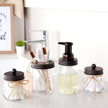 Mason Jar Bathroom Accessory Set, 4 Piece, Foaming Soap Dispenser & 2 Qtip Holders & Toothbrush Holder, Rustic Farmhouse Decor, Apothecary Glass, Countryside Countertop (Black) (Farmhouse, Bronze)