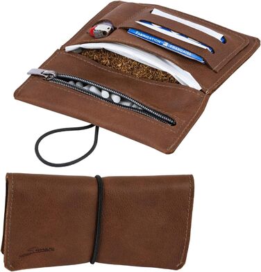 SIMARU Leather Tobacco Pouch for 30g Tobacco Bag, Roller Pouch made of Genuine Leather with Filter Compartment & Rolling Paper Holder (Brown)