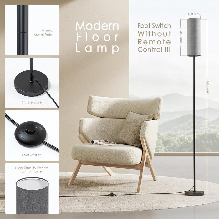 Світлодіодна торшерна лампа 9W з регулюванням яскравості, 3 колірні температури, тканинний абажур, вимикач на нозі, вінтажний дизайн, сірий колір