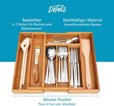 Органайзер для столових приборів Gräwe з бамбука для кухонних шухляд, змінний, розсувний 28.5-40.5 см, дерев'яний вигляд