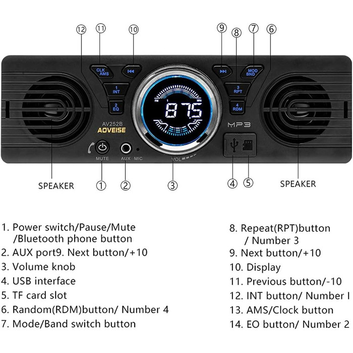 Автомобільна магнітола BOOMBOOST AV252 12В з Bluetooth, MP3, SD-карткою та вбудованими динаміками