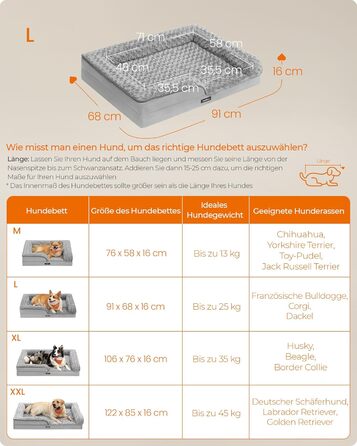 Ортопедичне ліжко для собак Feandrea, середнього розміру, водонепроникне, знімний плюшевий чохол, 91 x 68 x 16 см, Taubengrau PGW252G01 L