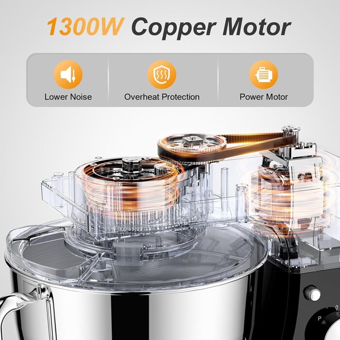 Планетарний кухонний комбайн-міксер 1300W, чаша з нержавіючої сталі 5.5л, 10 швидкостей, з насадками (гак, вінчик, міксер) та захистом від бризок, чорний