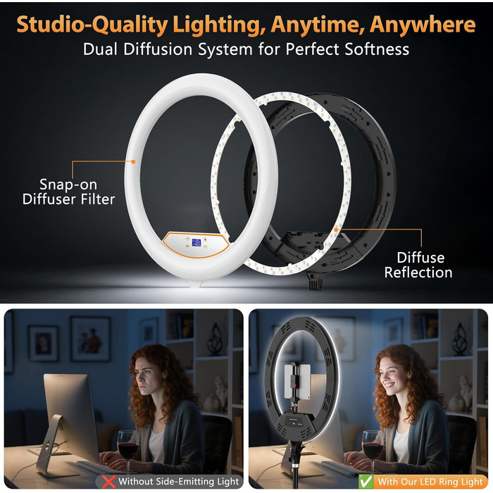 Кільцеве світло 22 дюйма з штативом 175 см, LED дисплей, 2 USB порти, регульована яскравість, для фото та відео, TikTok, макіяж, тату, б'юті-блогер, стиліст, барбер, фотограф, чорний