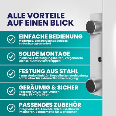 DEUBA® XXL електричний сейф 35x40x40 см, 4 мм, з подвійними сталевими болтами, внутрішнім освітленням, монтажним комплектом. Сейф для документів, меблевий сейф, срібний