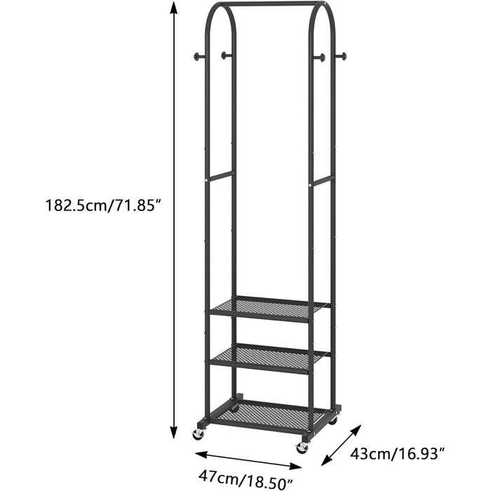 Robust Clothes Rack with Wheels, Modern Clothes Rack with 3 Metal Shelves, 180 cm Display Stand for Hanging Clothes, Clothes Rail for Small Room, Black
