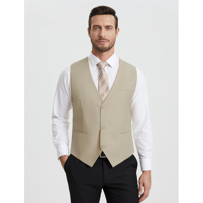 Костюмний жилет чоловічий HISDERN: елегантний, slim fit, для весілля та офіційних заходів, 3 ґудзики, кишені, S-4XL, бежевий XL