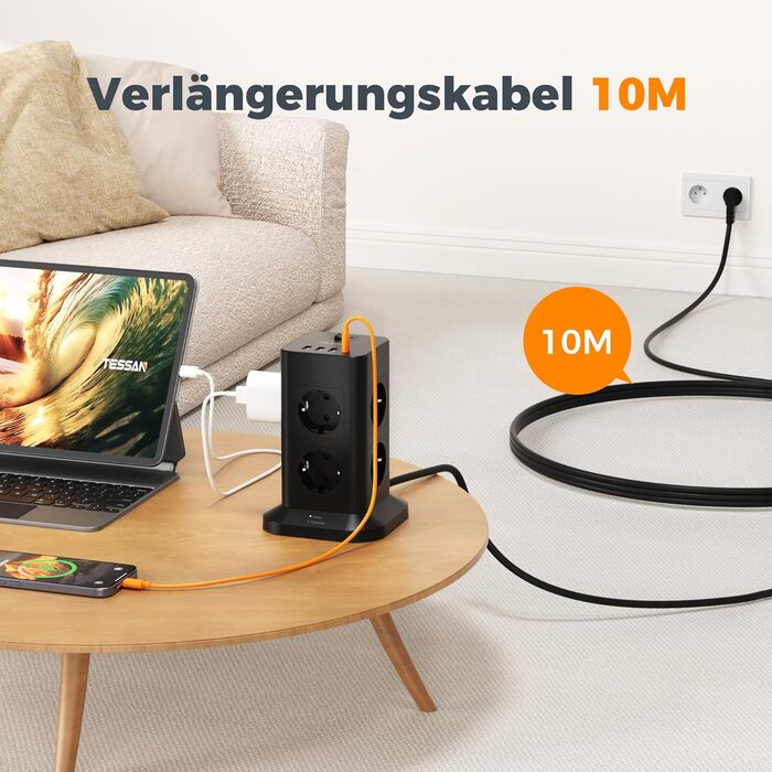 Багатофункціональна мережева розетка TESSAN з 8 розеток, 2 USB-C, захистом від перенапруги, вимикачем та кабелем 2м (3600W)
