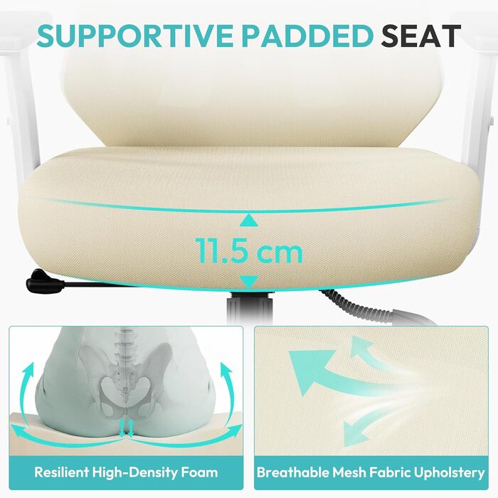 Офісне крісло Yaheetech з регульованою підголівником та підтримкою попереку, дихаюча сітчаста спинка, широке сидіння, S-подібна спинка, поворотне на 360°, бежеве