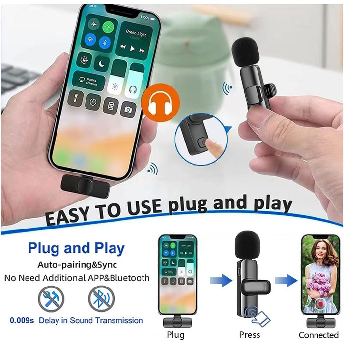 Беспроводной петличный микрофон 2St для iPhone/iPad: Plug-and-Play, шумоподавление, для видеоблогинга, YouTube, TikTok (2 шт.)