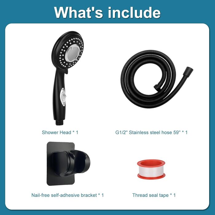 Handheld shower with on/off switch, water-saving, high-pressure showerhead, 150 cm hose, wall-mounted, white painted (matte black)