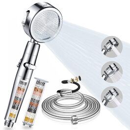 Насадка для душу зі шлангом 2м, фільтрована ручна лійка з високим тиском, економія води з мінеральними кульками, 5 режимів, стоп-функція для жорсткої води, видалення залишків хлору, бактерій та важких металів (срібляста з шлангом)