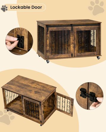 Клітка для собак EUGAD, 100 см, з 2 дверцятами та 5 колесами, для великих, середніх та маленьких собак, декоративна переноска для дому, вінтажний коричневий колір