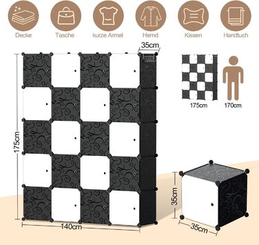 Wardrobe, Portable Shelf System, 20 Cube DIY Shelf System Wardrobe Open Plastic Closet with Doors Wardrobe Closet White 180 x 142 x 37CM (20 Cubes - Black and White with 2 Clothes Hooks)