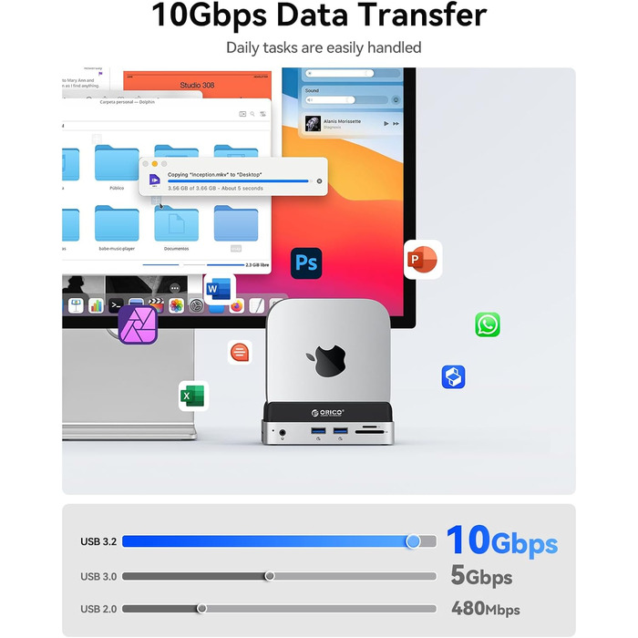 ORICO MiniDock: Док-станція та підставка для Mac mini M4/M4 Pro з корпусом для NVMe SSD, хаб USB-C з 4K HDMI, DisplayPort, SD/TF 3.0, USB-C/A 10Gbps, PD 100W - VS10 (6-in-1, 2TB)