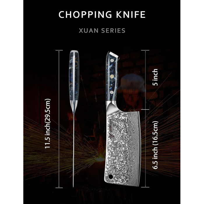 Ніж кухарський SANMUZUO Hackmesser 17 см, професійний, Дамаск, серія Xuan, VG10 сталь, ручка з епоксидної смоли (сапфірово-синій)