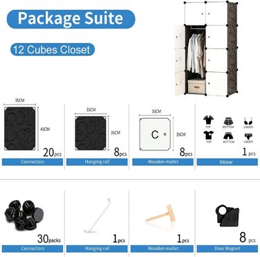 BRIAN & DANY 12-Cube Wardrobe, Modular Closet Storage Unit, Plug-in Shelf System, Plastic Closet with Doors & 2 Hangers, Additional Stickers Included (8 Cube, Black and White)