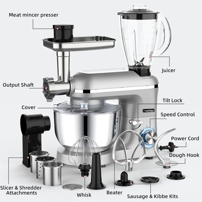Homlee 3-in-1 Kitchen Machine - 1800W Food Processor with Meat Grinder, Juicer & 5.5L Stainless Steel Bowl - 6 Speed Mixer
