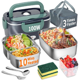 Electric Lunch Box 100W, 3-in-1 Portable Heated Lunch Box, Removable Stainless Steel Lunch Container, 12V/24V/220V Insulated Food Warmer for Car/Truck/Office, With Insulated Bag and Sponge (Blue, 1.5 L)