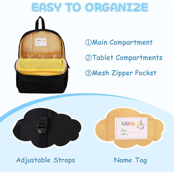 Дитячий рюкзак RAVUO для дівчаток та хлопчиків, шкільний рюкзак з нагрудним ременем, рюкзак для дітей 3-8 років (Чорний)