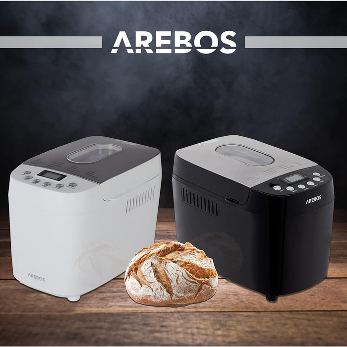 Хлібопечка Arebos 1500г з 15 програмами, таймером та LCD дисплеєм | Хлібопекарня з 3 рівнями підсмажування та 2 гачками для тіста