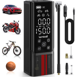 Електричний компресор Lamicall 7500mAh, 150PSI, портативний акумуляторний насос для авто, велосипеда, мотоцикла, з цифровим манометром і функцією Powerbank, чорний