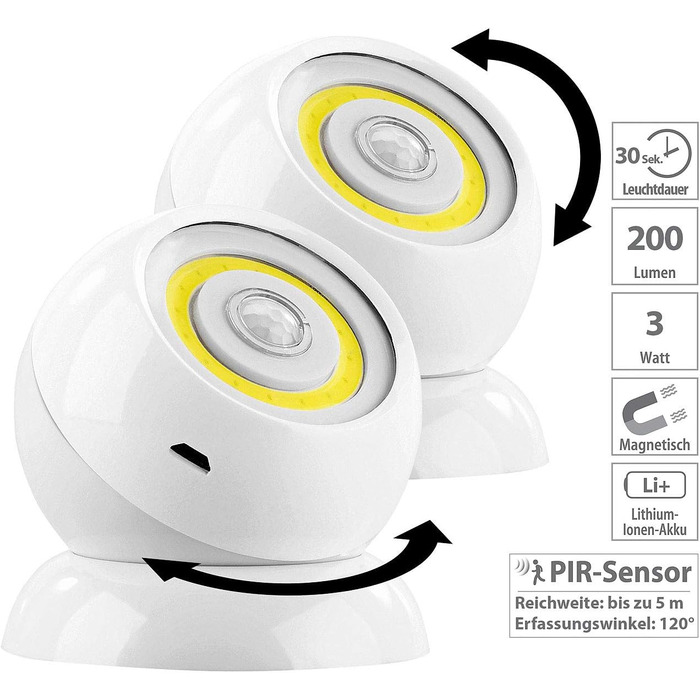Lunartec Rechargeable Flashlights: 2-Pack ultra-bright COB LED rechargeable lights with PIR sensor, 200 lm, white (rechargeable light with motion sensor, LED spotlight, battery table lamp)