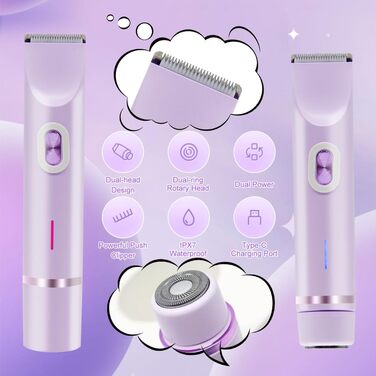 Електричний триммер для бікіні 2-в-1 для жінок та чоловіків – для гладкої шкіри, для інтимної зони, фіолетовий
