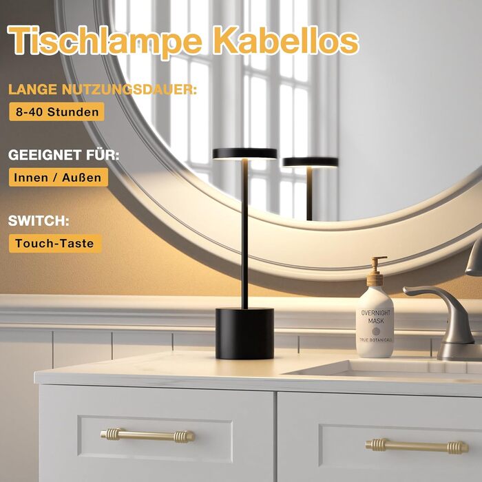 LED настільна лампа бездротова, акумуляторна, торшера з сенсорним керуванням, диммування, 3 колірні температури, регулювання яскравості, для спальні, кафе, чорного кольору, 1 шт.