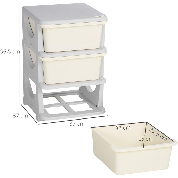 HOMCOM Kids' Storage Drawer Cabinet with Storage Boxes, Toy Organizer, Toy Chest, Three Tiers for Kids' Rooms, 3-6 Years, Children's Furniture, 37 x 37 x 56.5 cm (37L x 37W x 56.5H cm, Cream White)